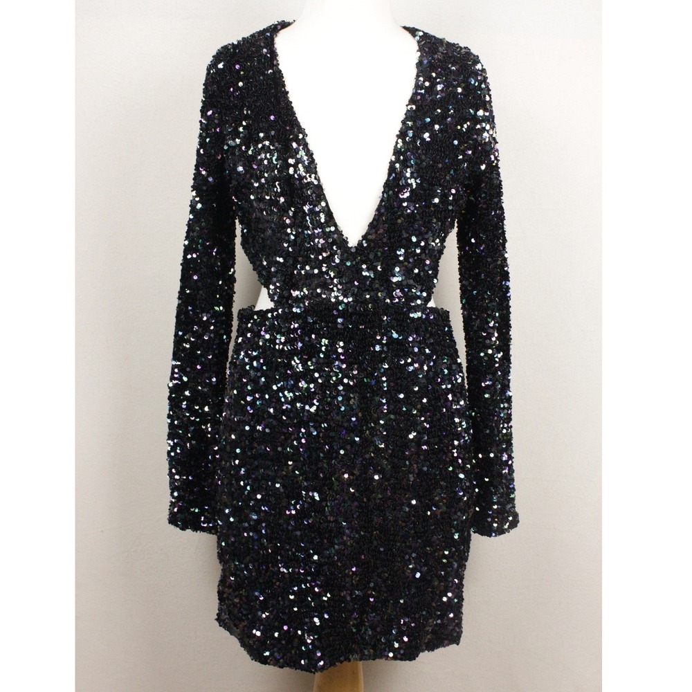 Bardot Black Iridescent Sequin Open Back Mini Dress Plunge Bodycon US 6